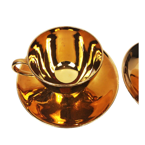 Antique Geo. H. Bowman & Son Gold Tea Cups Set Of 2 1920-40's Eggshell USA - Picture 6 of 10